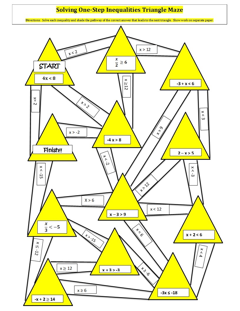 Solving Inequalities One Step And Two Step Triangle Mazes Solving Inequalities One Step And Two Step Triangle Mazes