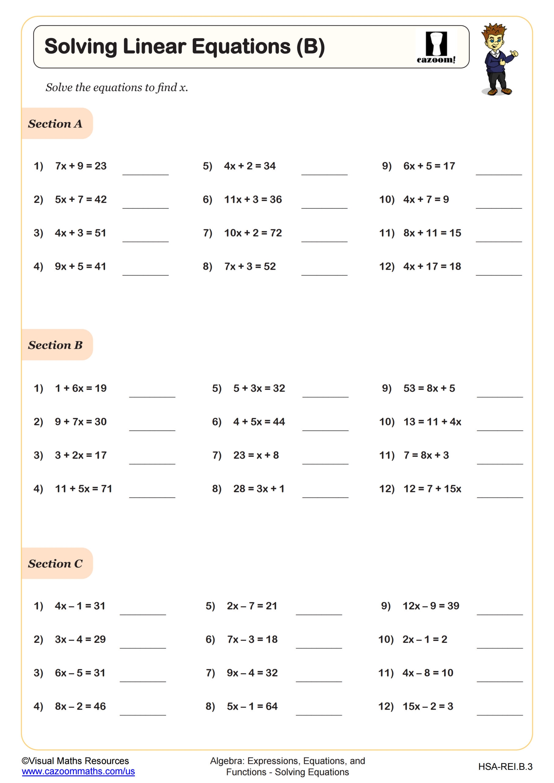 Solving Linear Equations B Worksheet PDF Printable Algebra 