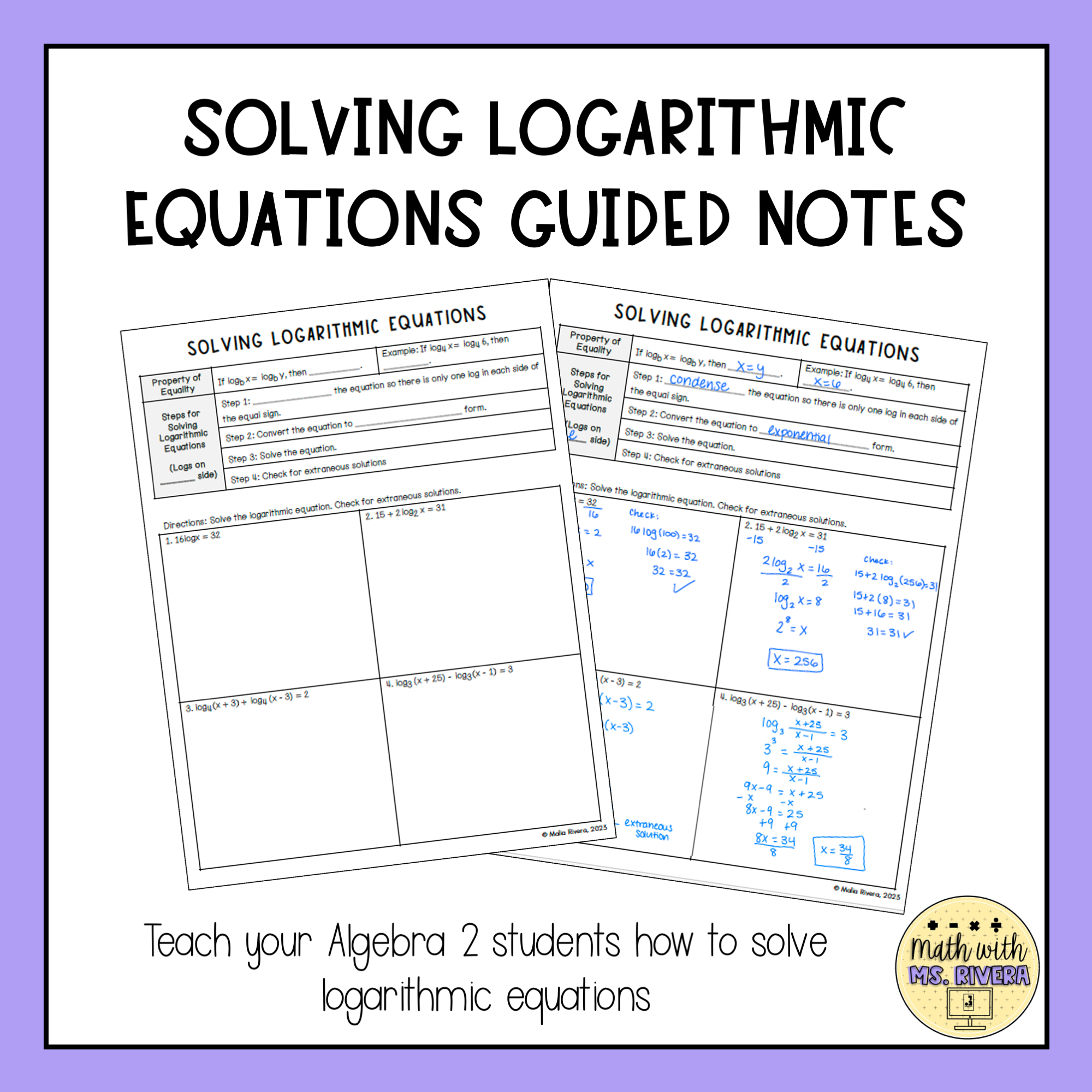 Solving Logarithmic Equations Guided Notes For Algebra 2