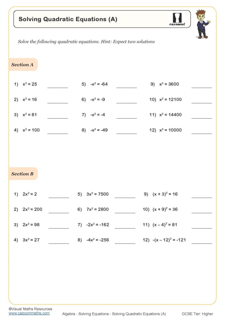 Solving Quadratic Equations A Worksheet Printable Maths Worksheets