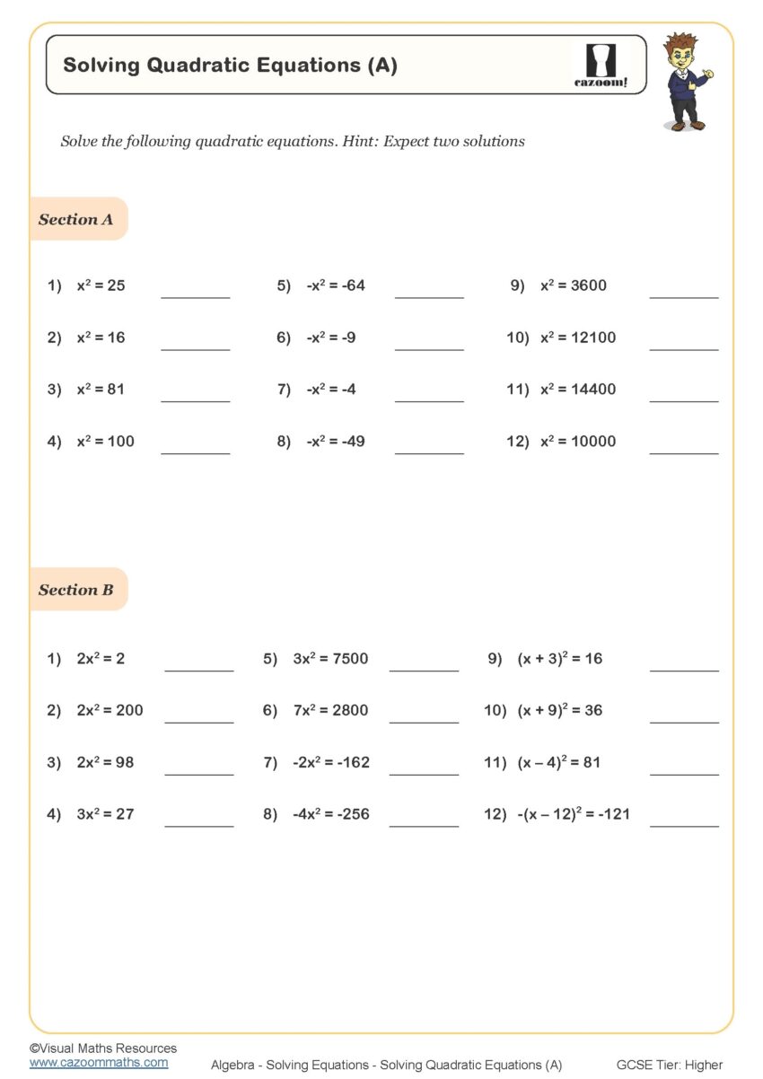 Solving Quadratic Equations A Worksheet Printable Maths Worksheets