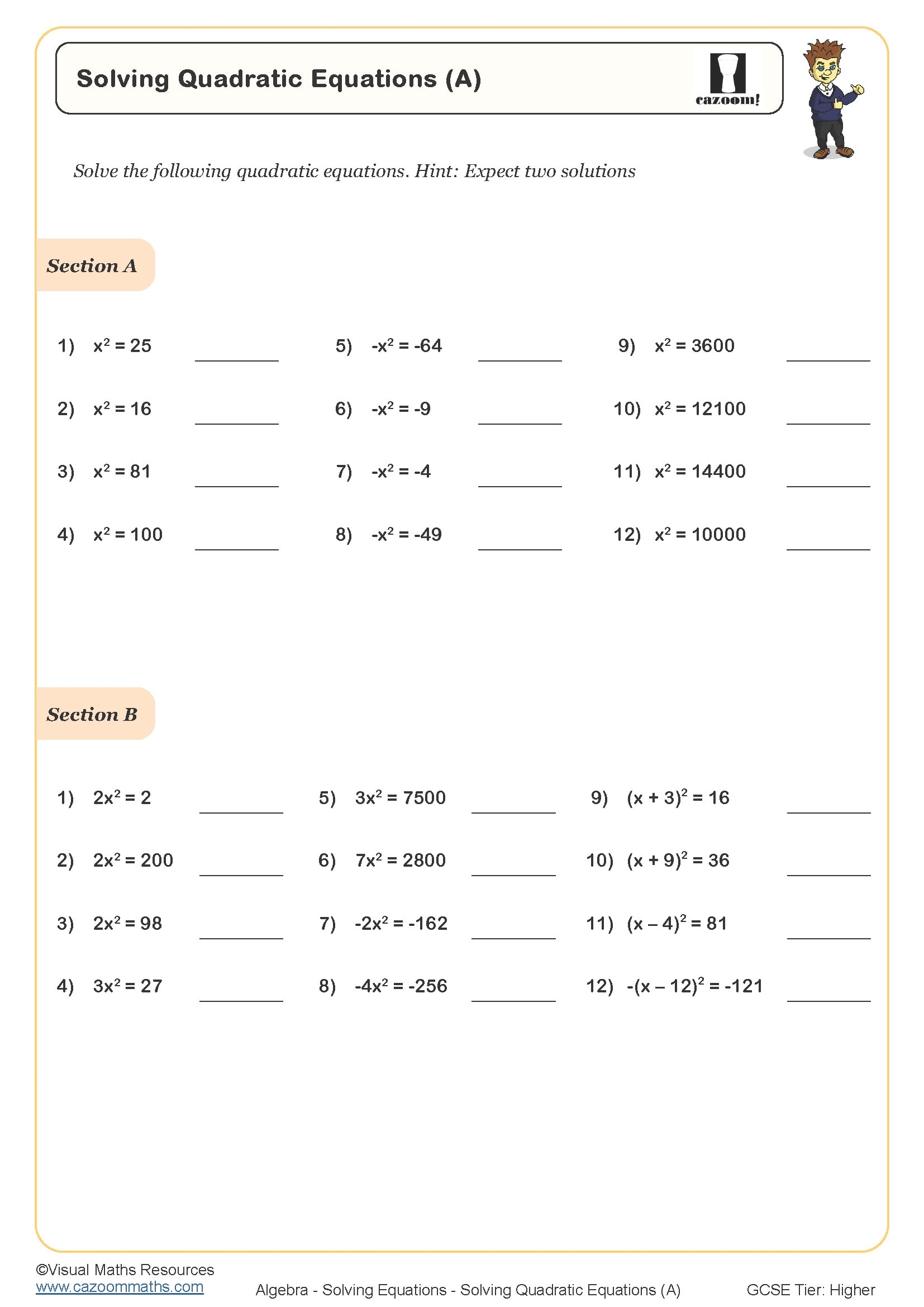 Solving Quadratic Equations A Worksheet Printable Maths Worksheets