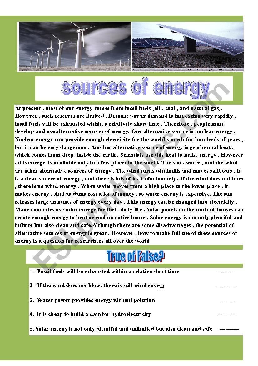 Sources Of Energy Reading ESL Worksheet By Loan hk