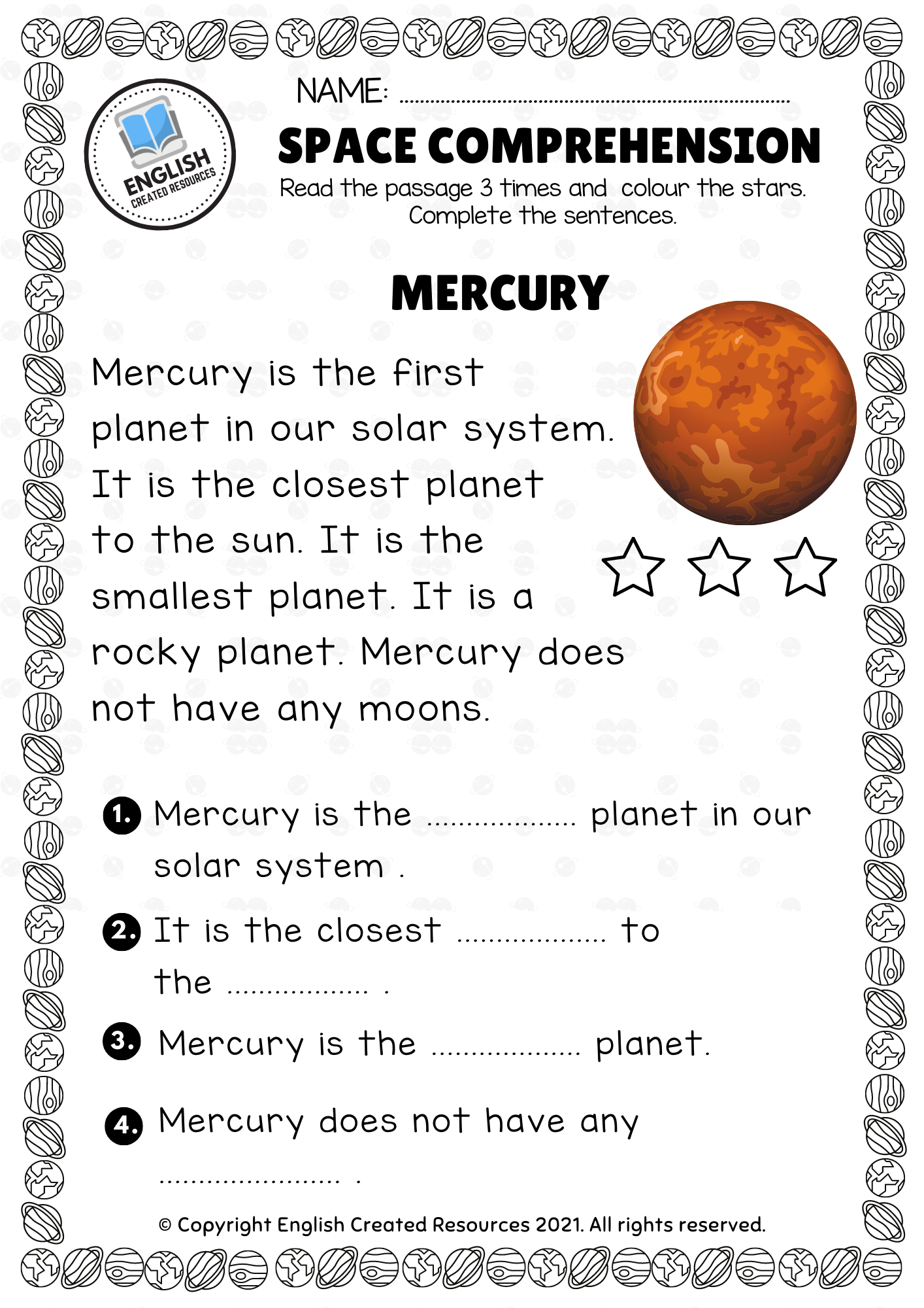 Space Reading Comprehension English Created Resources Space Reading Comprehension English Created Resources