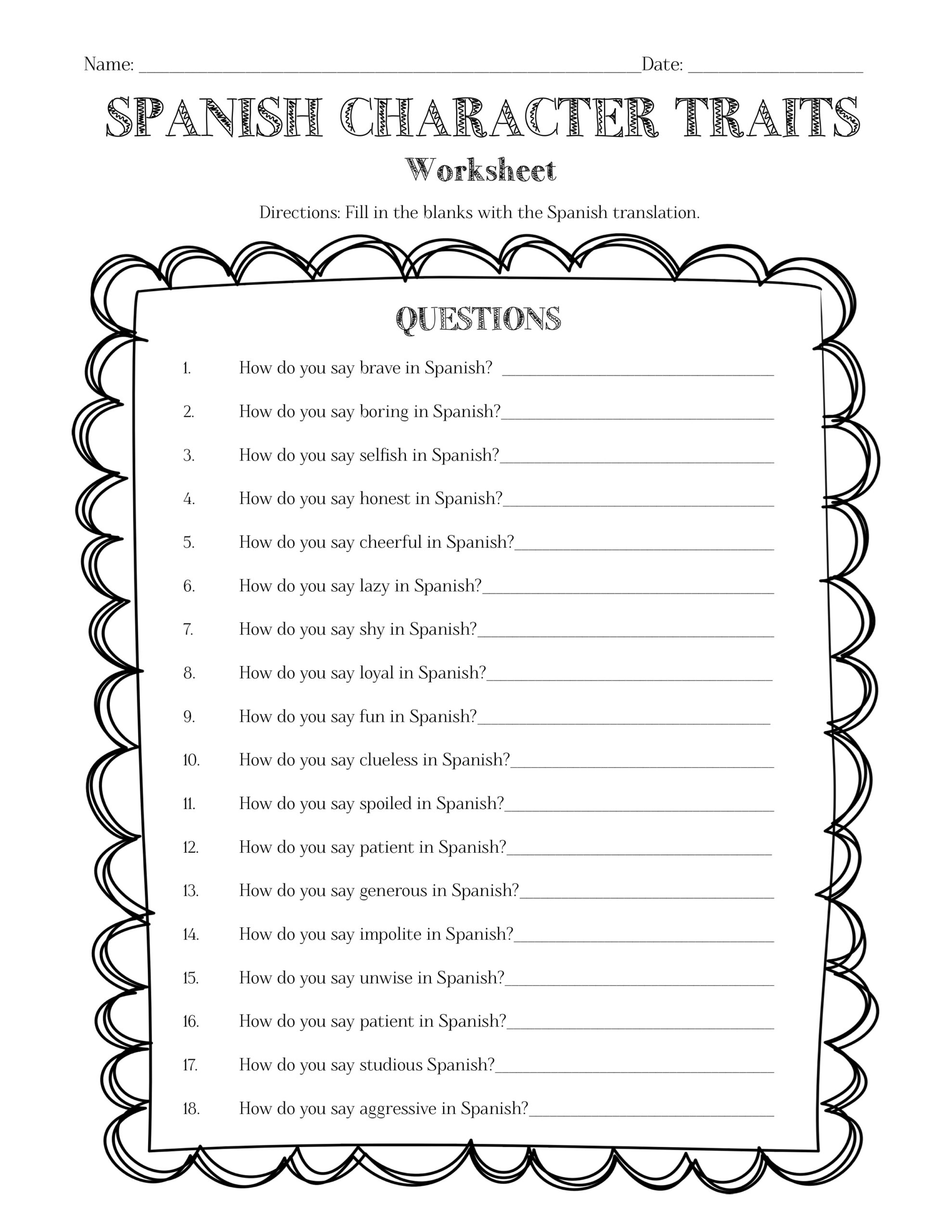 Spanish Character Traits Information Sheet Worksheet Answer Key Made By Teachers