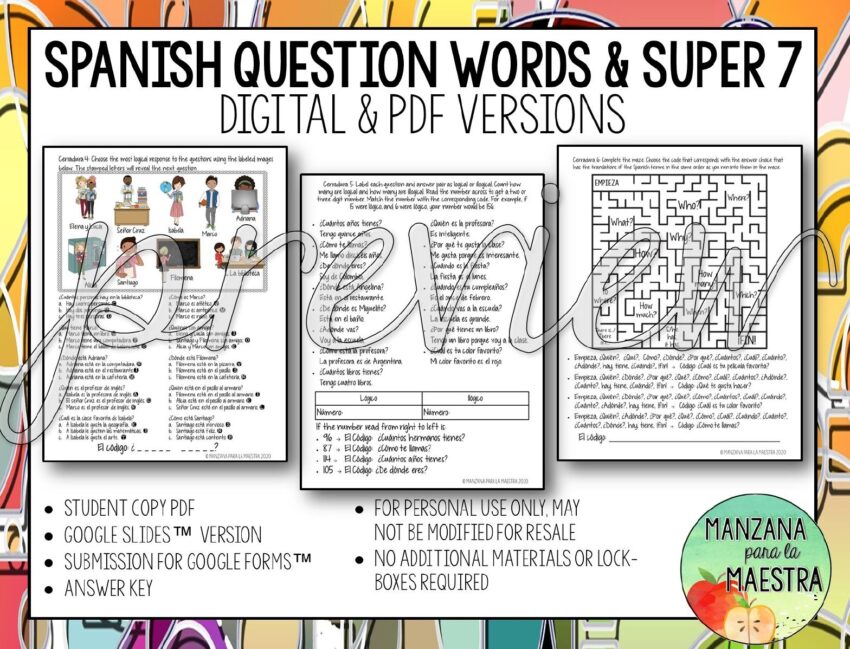 Spanish Question Words Super 7 Escape Room Digital And Printable