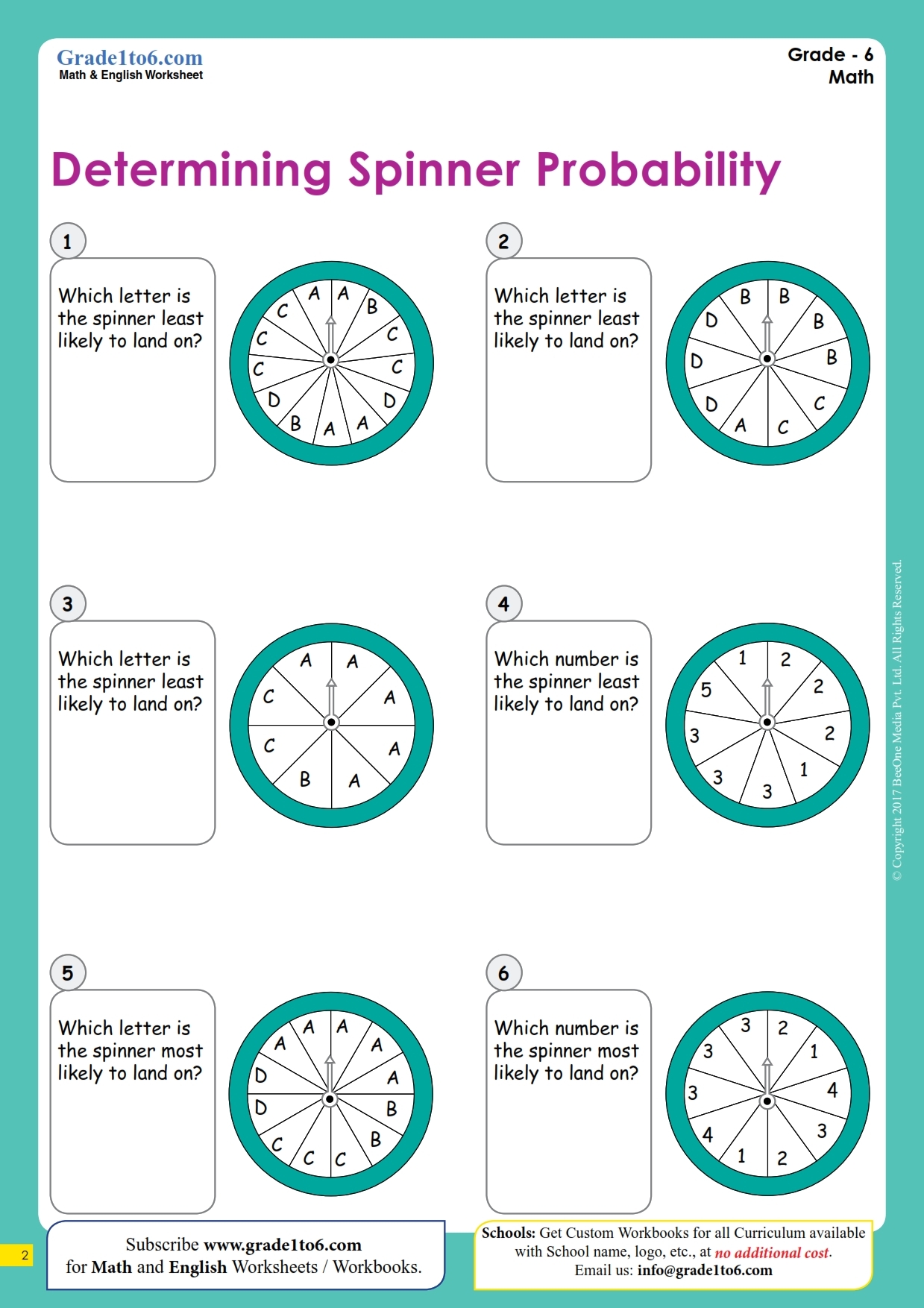 Spinner Probability Worksheets Grade1to6 Spinner Probability Worksheets Grade1to6