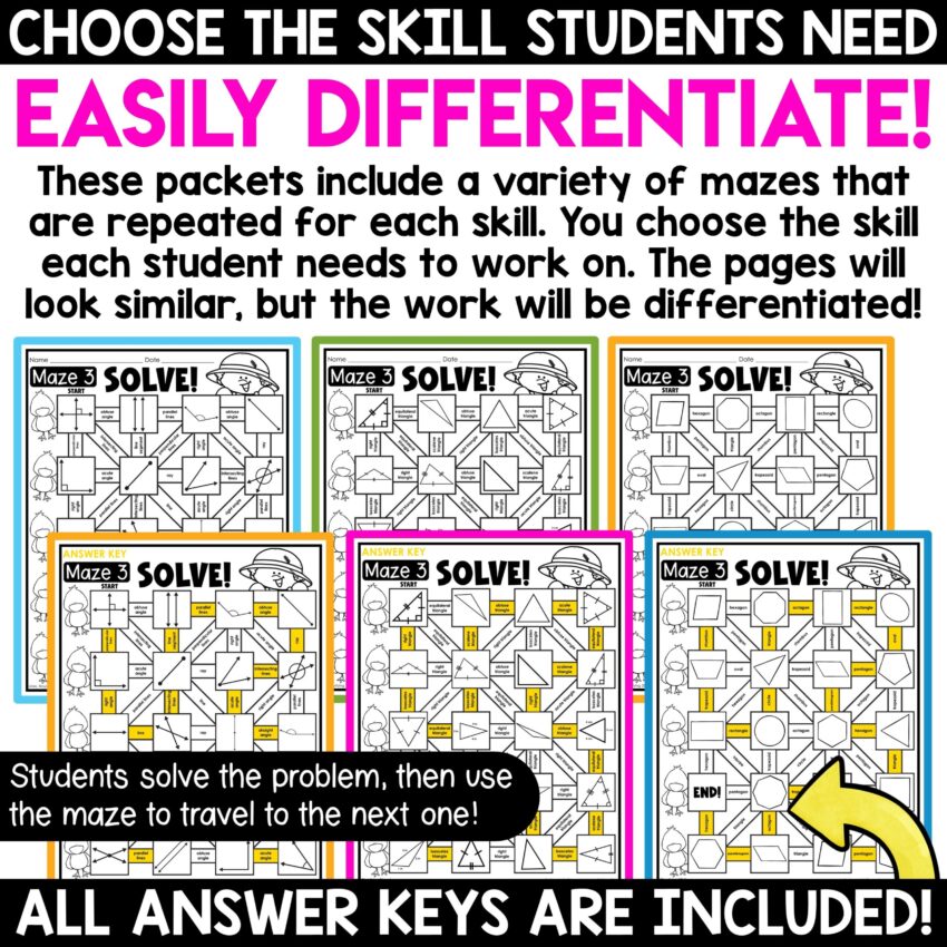 Spring Math Mazes Worksheets Measurement Area Perimeter Angles 2D Shapes BUNDLE A Love Of Teaching Kim Miller