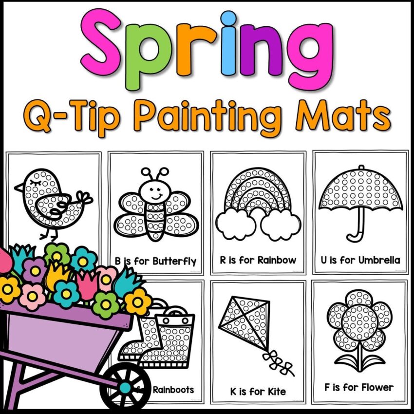 Spring NO PREP Q Tip Painting Mats For Preschool And Kindergarten Fine Motor Skills In March April And May