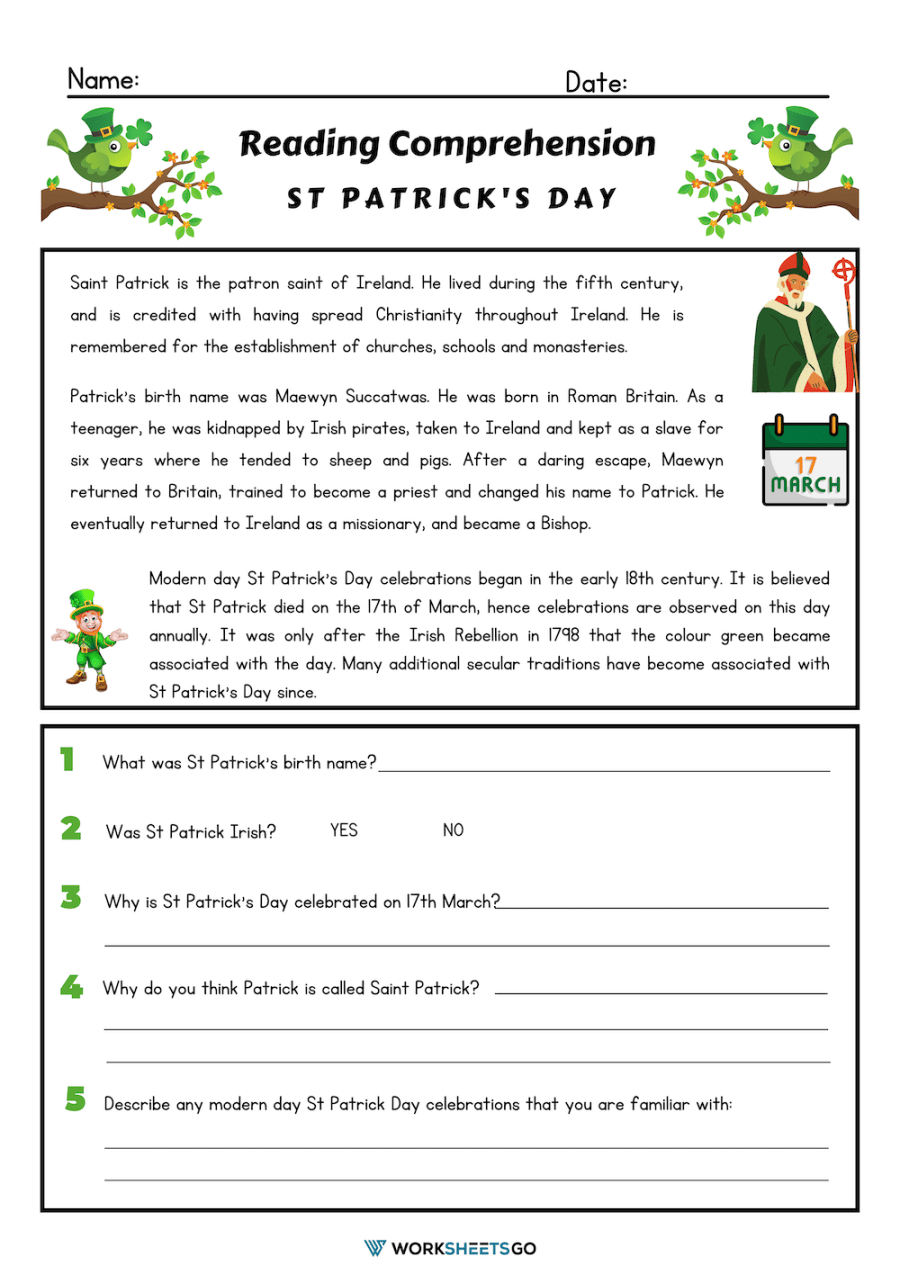 St Patrick s Day Reading Comprehension Worksheets WorksheetsGO St Patrick s Day Reading Comprehension Worksheets WorksheetsGO