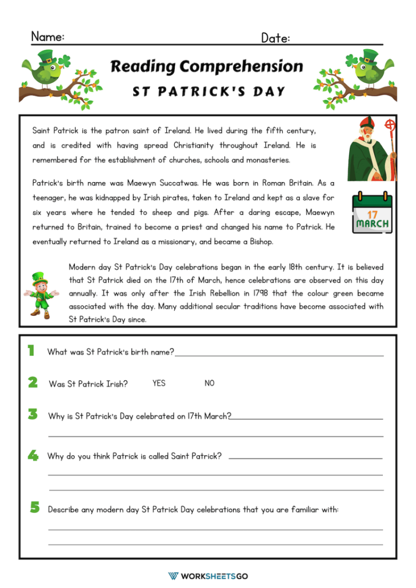 St Patrick s Day Reading Comprehension Worksheets WorksheetsGO