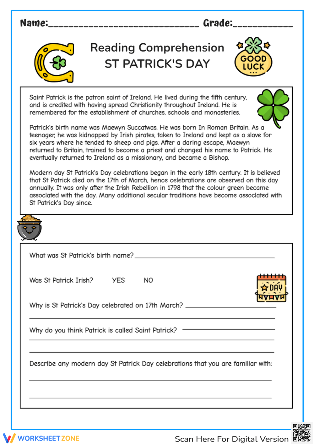 St Patricks Day Reading Comprehension Worksheets St Patricks Day Reading Comprehension Worksheets