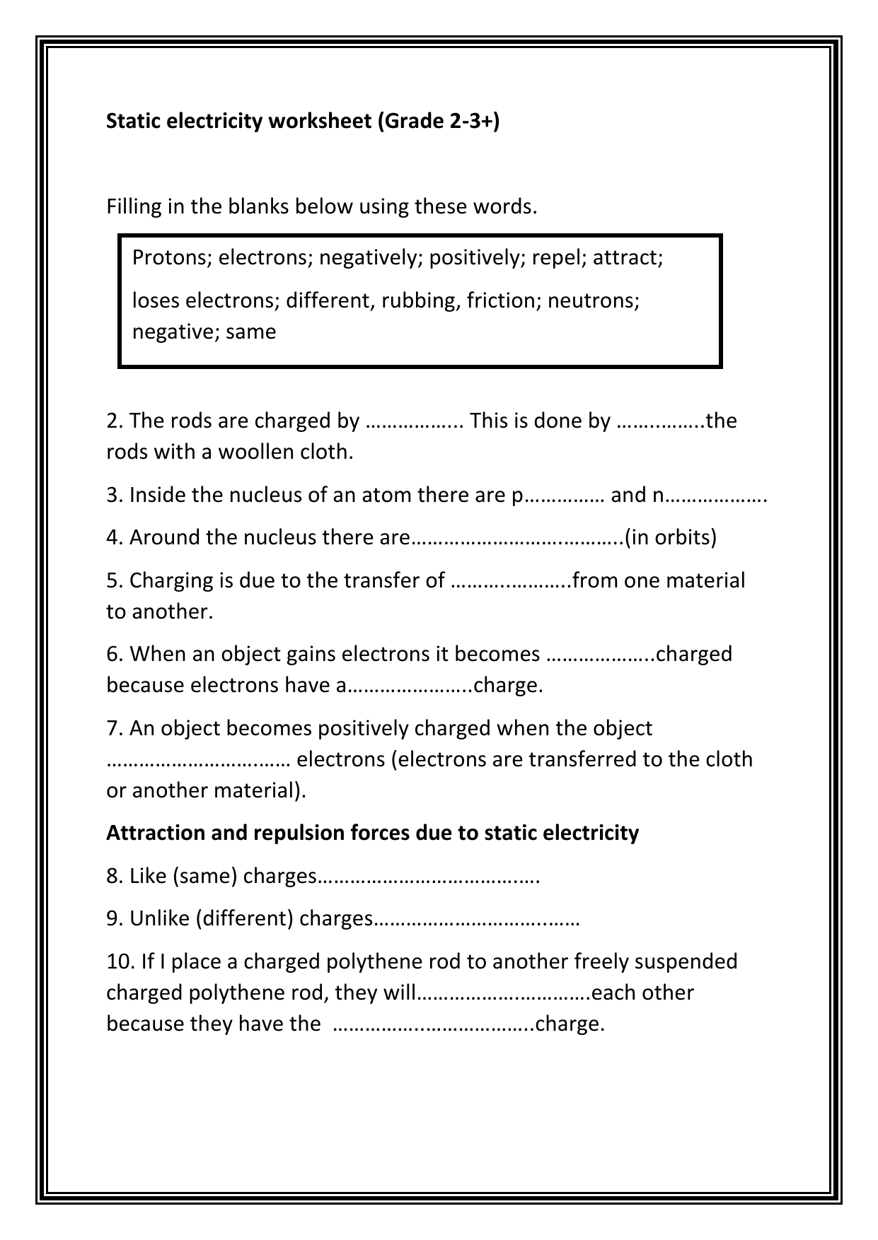 Static Electricity Worksheet For Grade 2 3