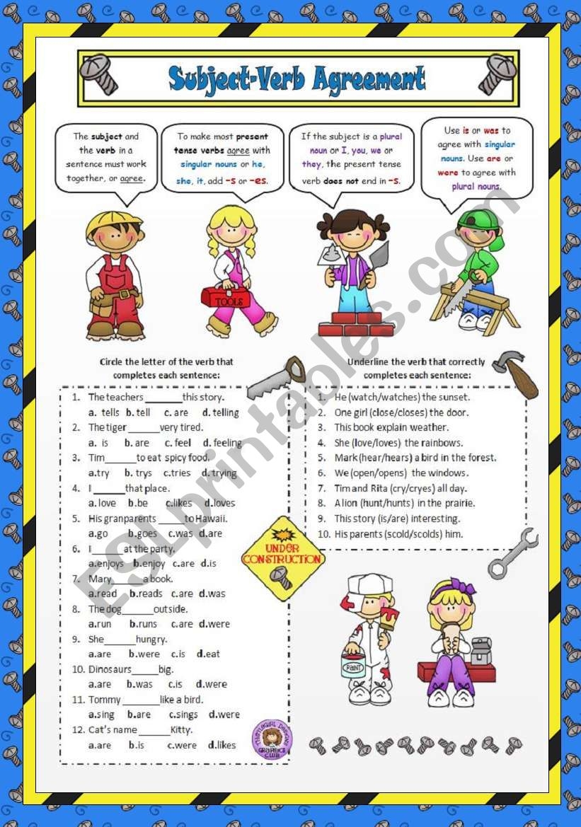 Free Printable Noun Verb Agreement Worksheets