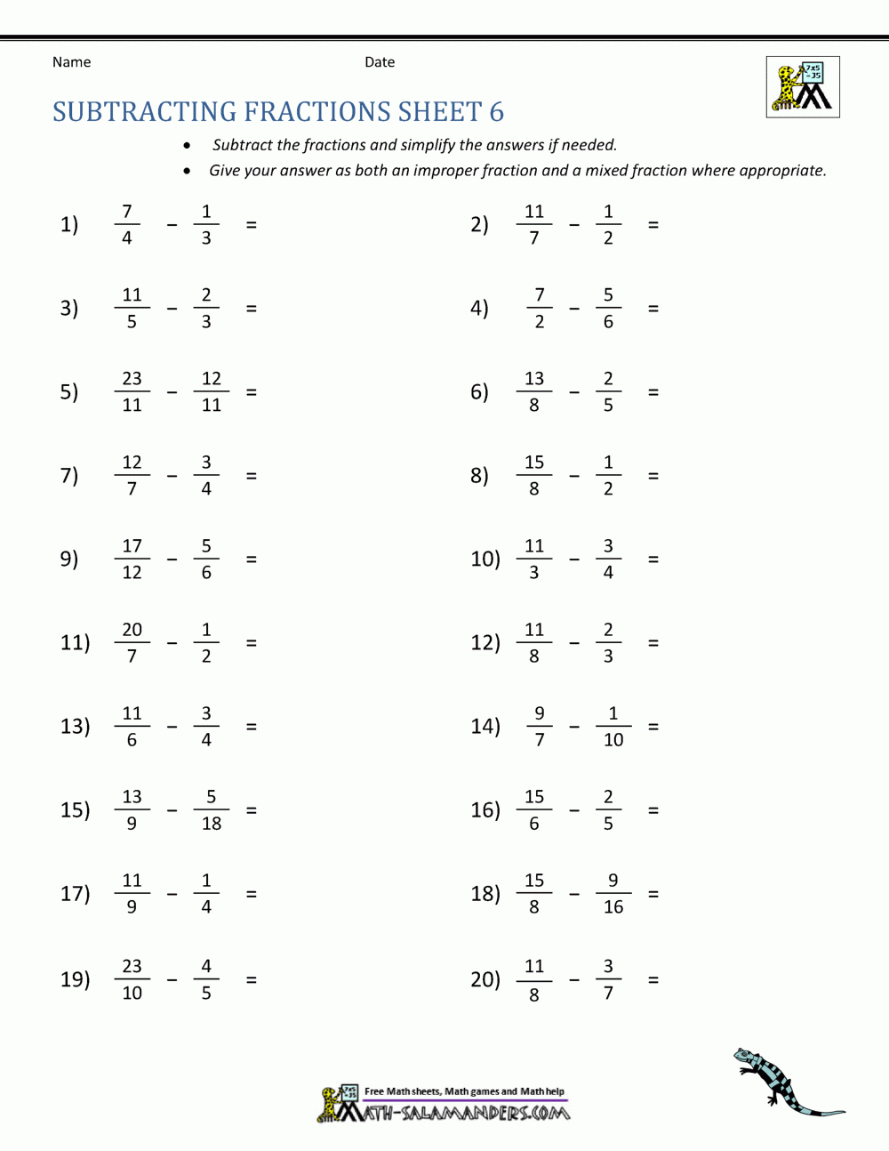 Subtracting Fractions Worksheets Subtracting Fractions Worksheets