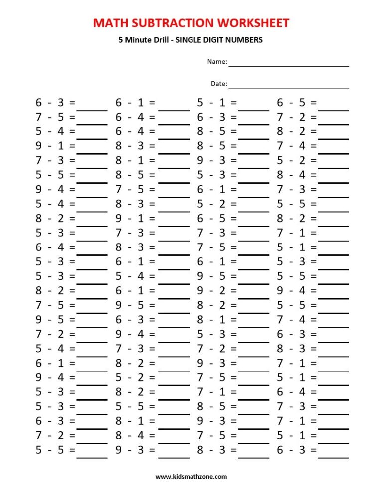 Subtraction 5 Minute Drill Worksheets Library