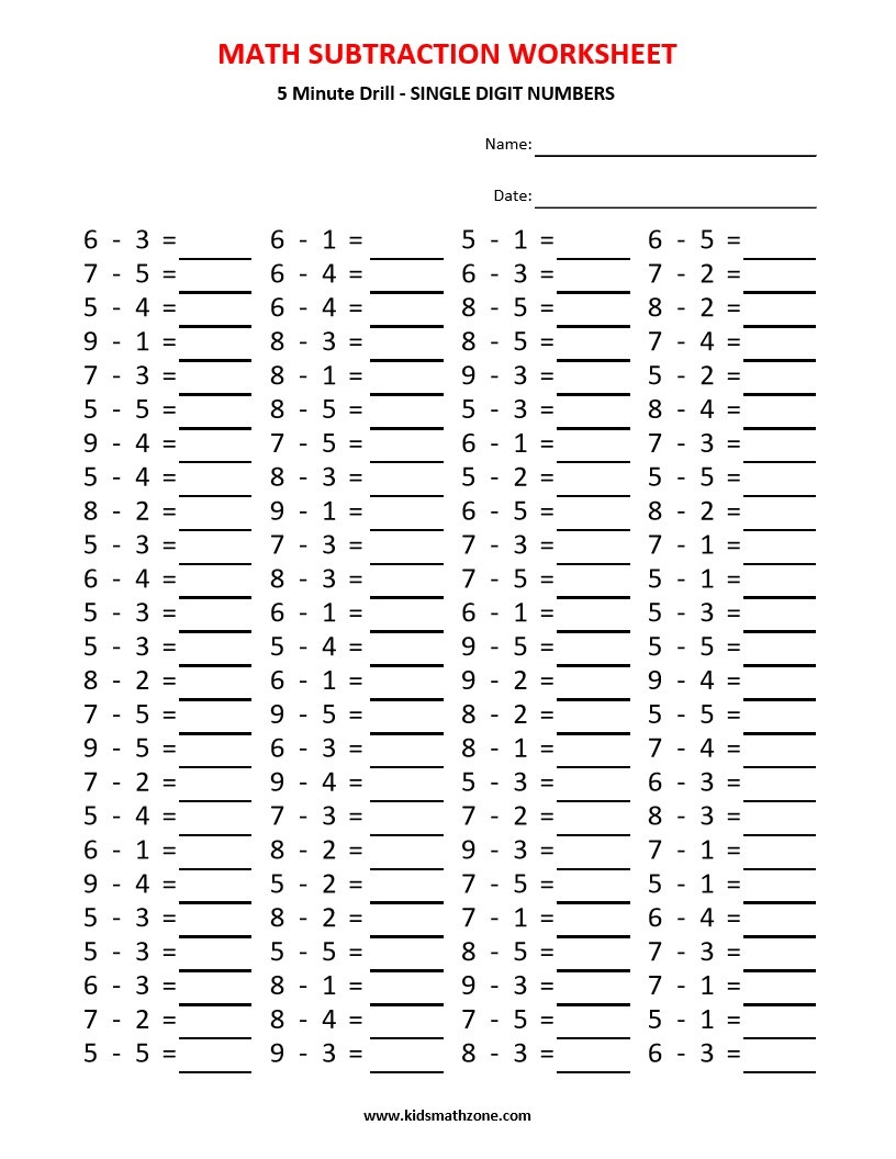 Subtraction 5 Minute Drill Worksheets Library