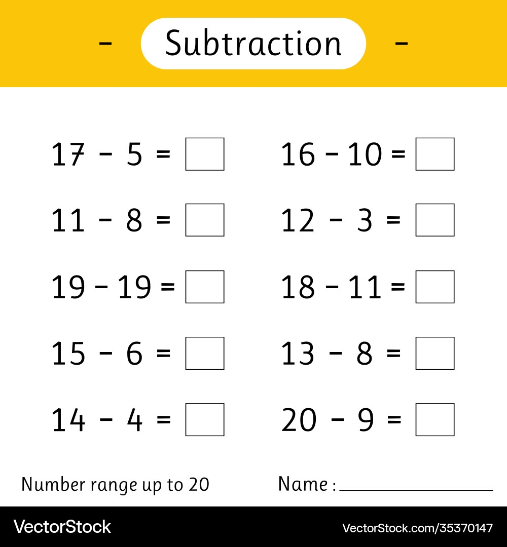 Subtraction Number Range Up To 20 Math Worksheet Vector Image
