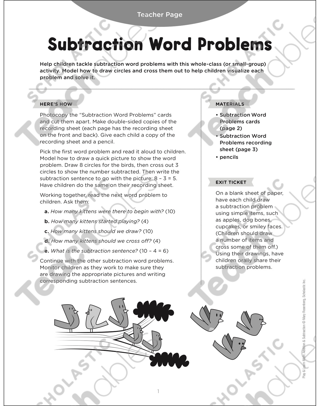 Kindergarten Duck Subtraction Word Problems Worksheets