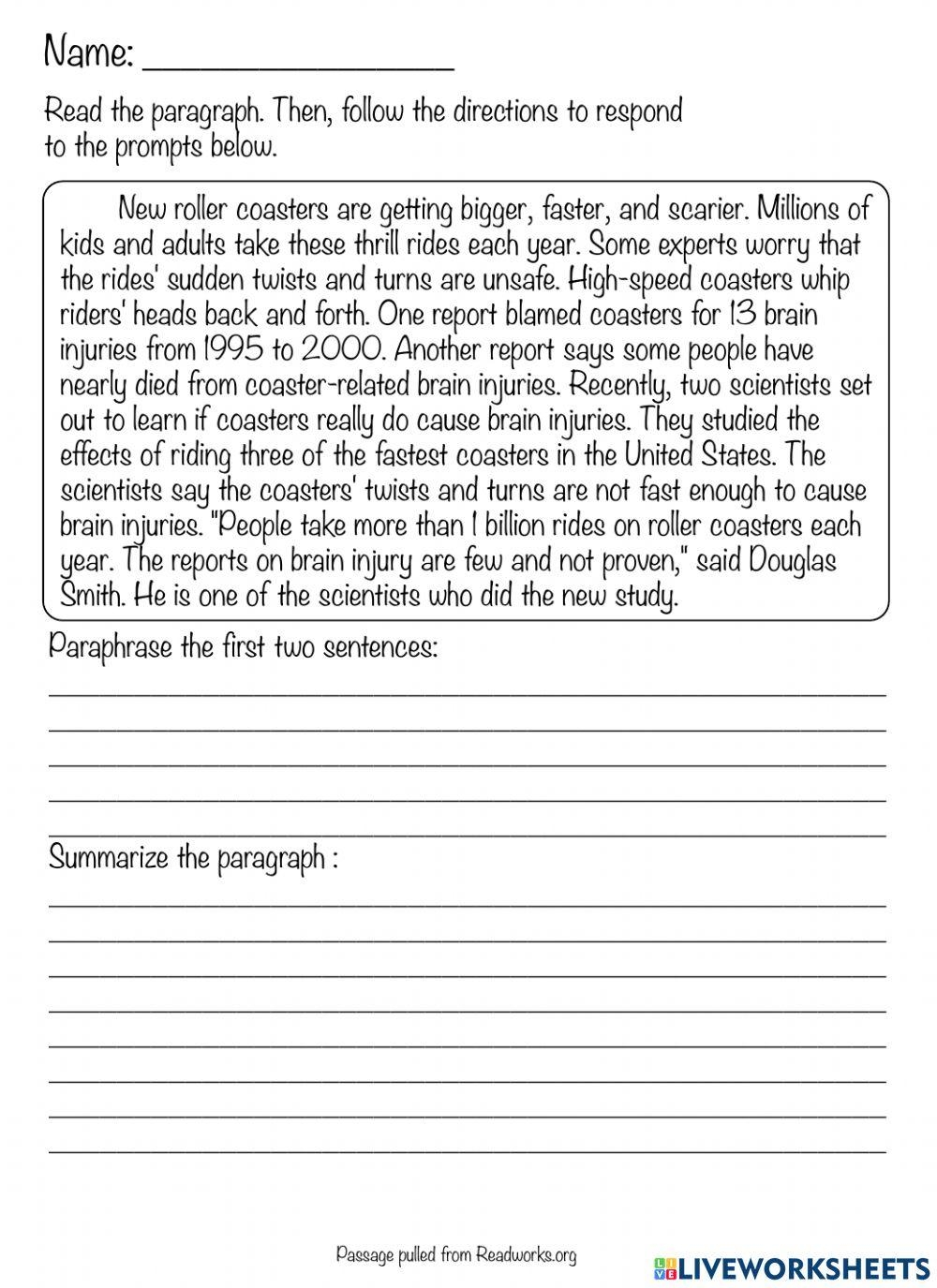 Summarizing And Paraphrasing Worksheet Online Exercise For Live Worksheets Library