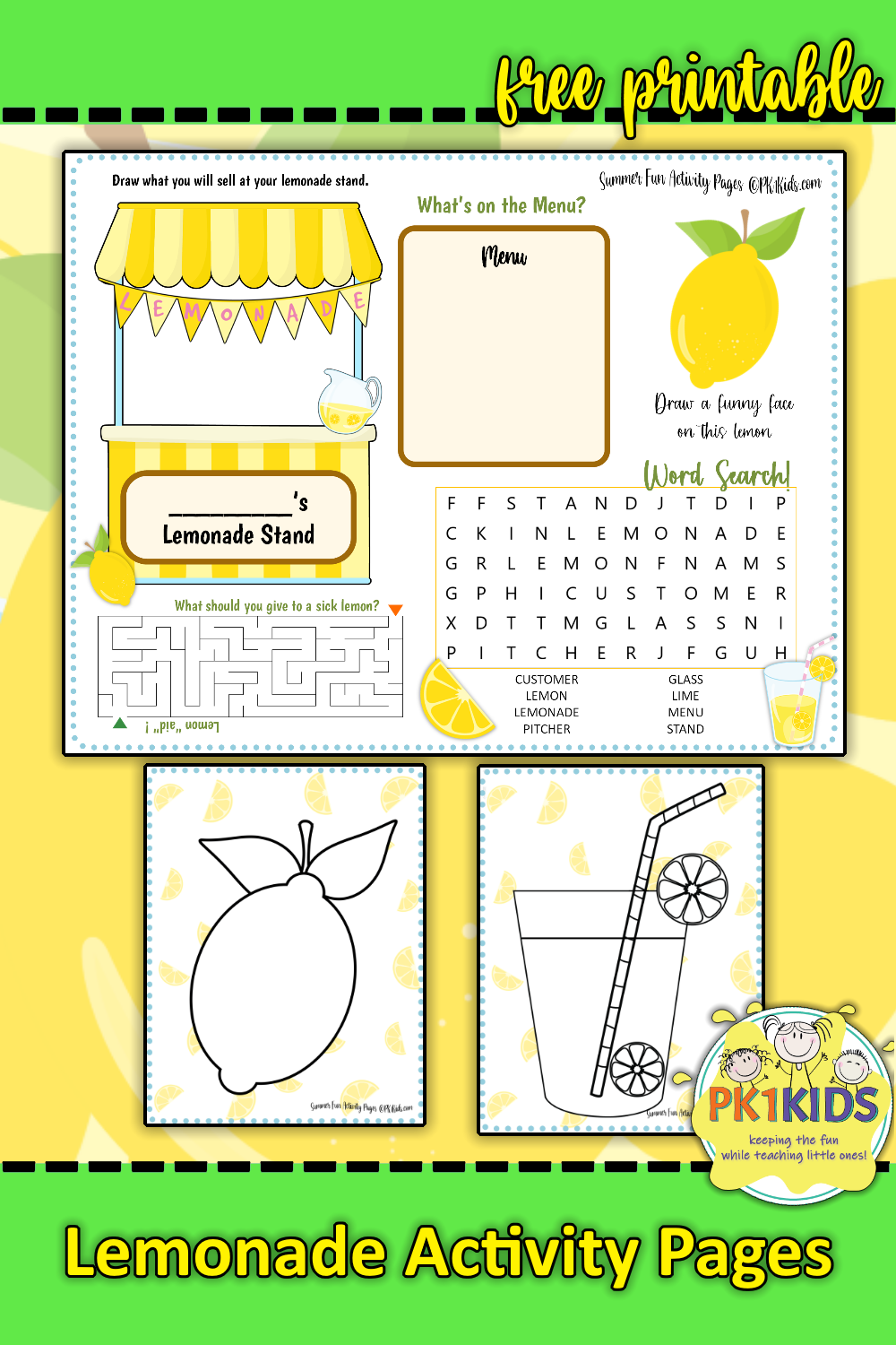 Summer Fun Activity Pages Lemonade Stand PK1Kids