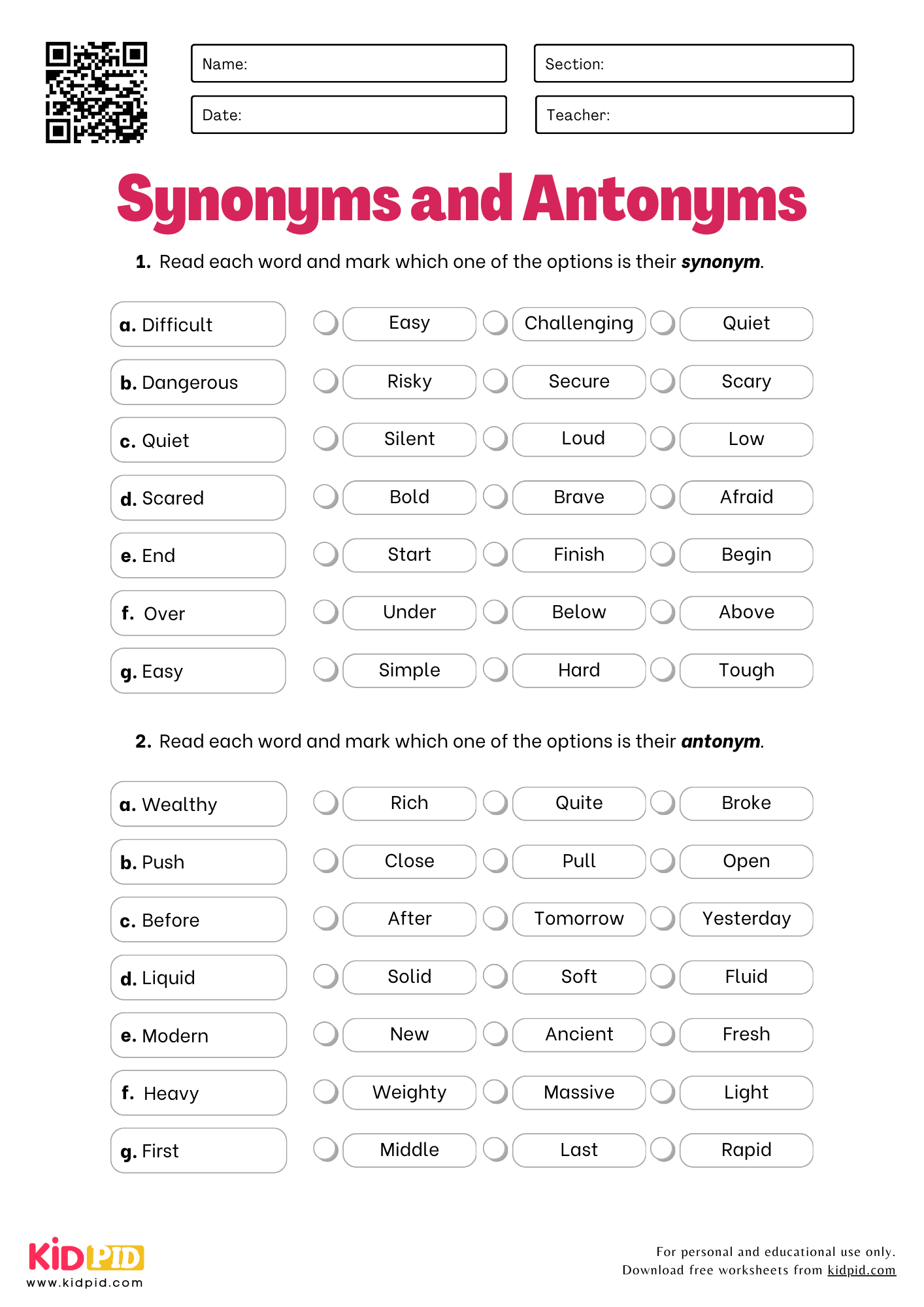 Synonyms Antonyms Worksheets For Kindergarten To Grade 5 Kidpid