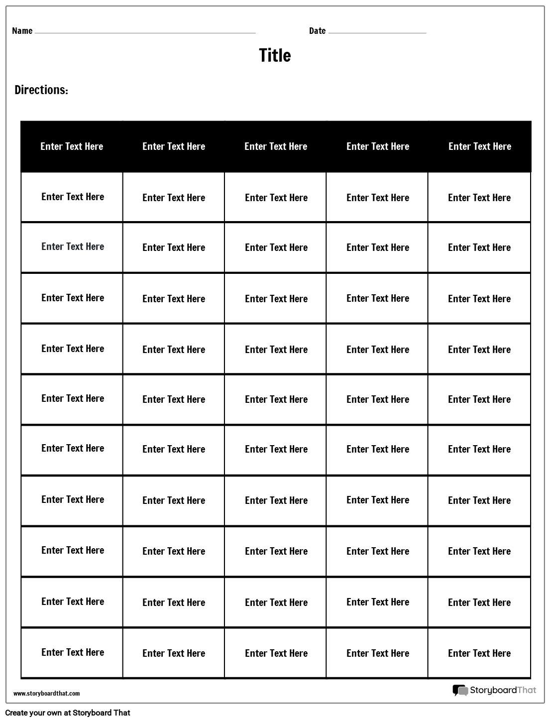 Table Worksheet Template Featuring 5 Columns Storyboard