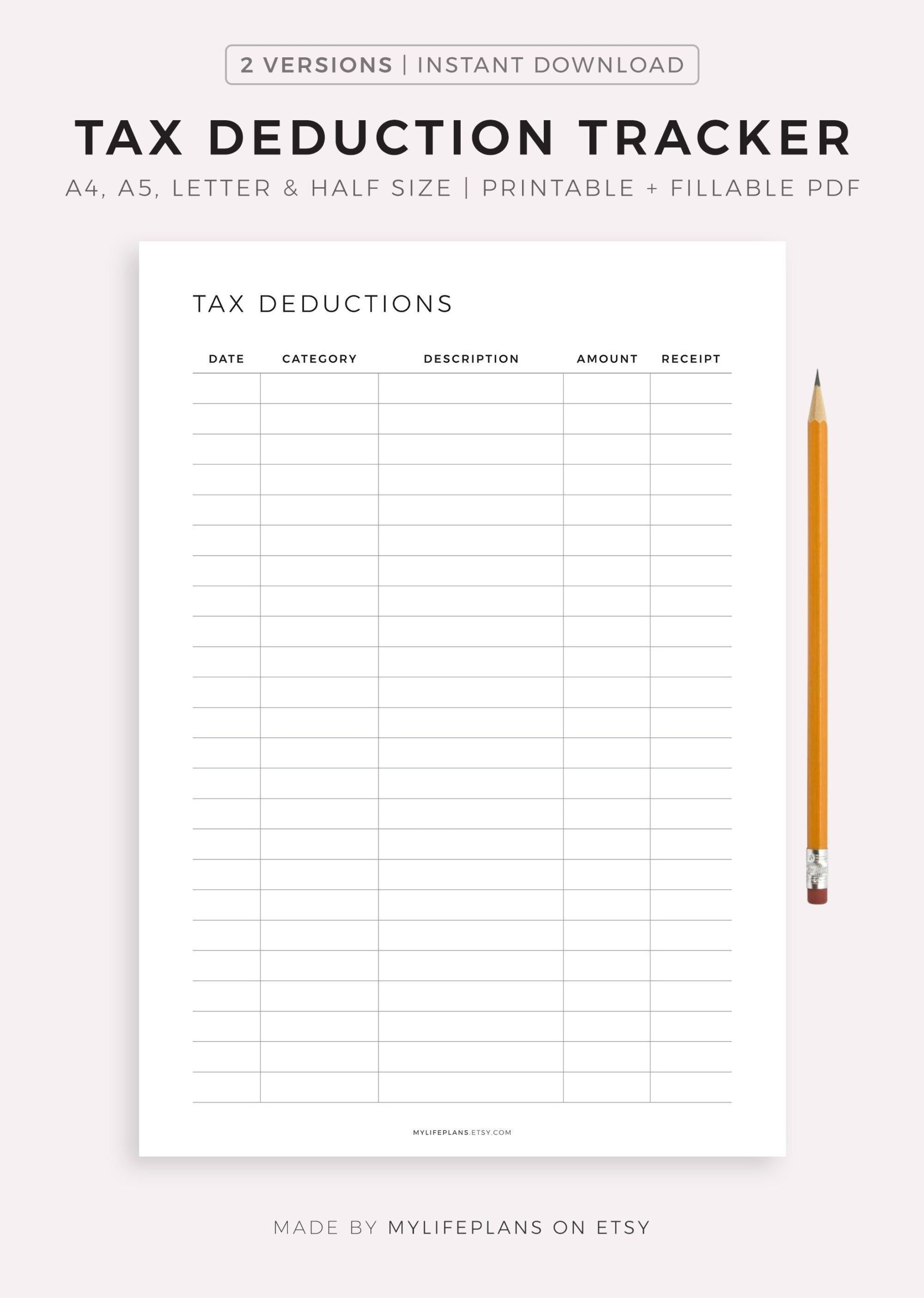 Tax Deduction Tracker Printable A4 a5 letter half Instant Download PDF Etsy Australia