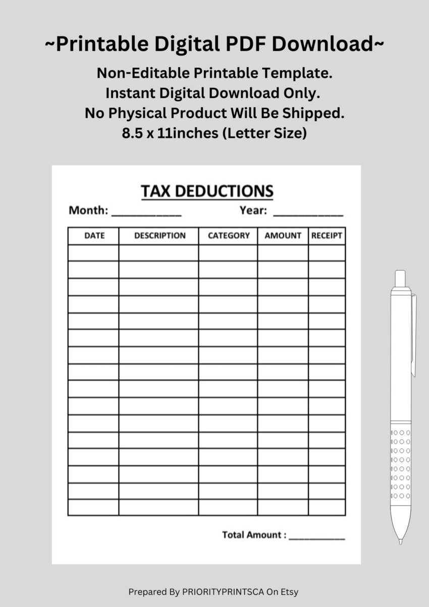 Tax Deductions Sheet Business Tax Deductions Personal Tax Deductions Printable US Letter Size Digital Download Etsy