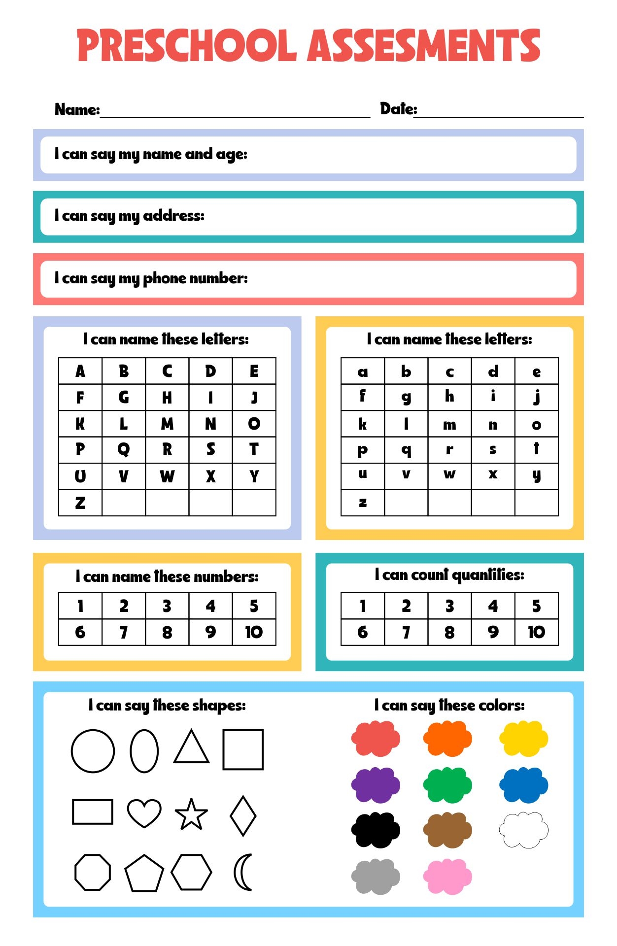 Preschool Assessment Printable Pdf Free