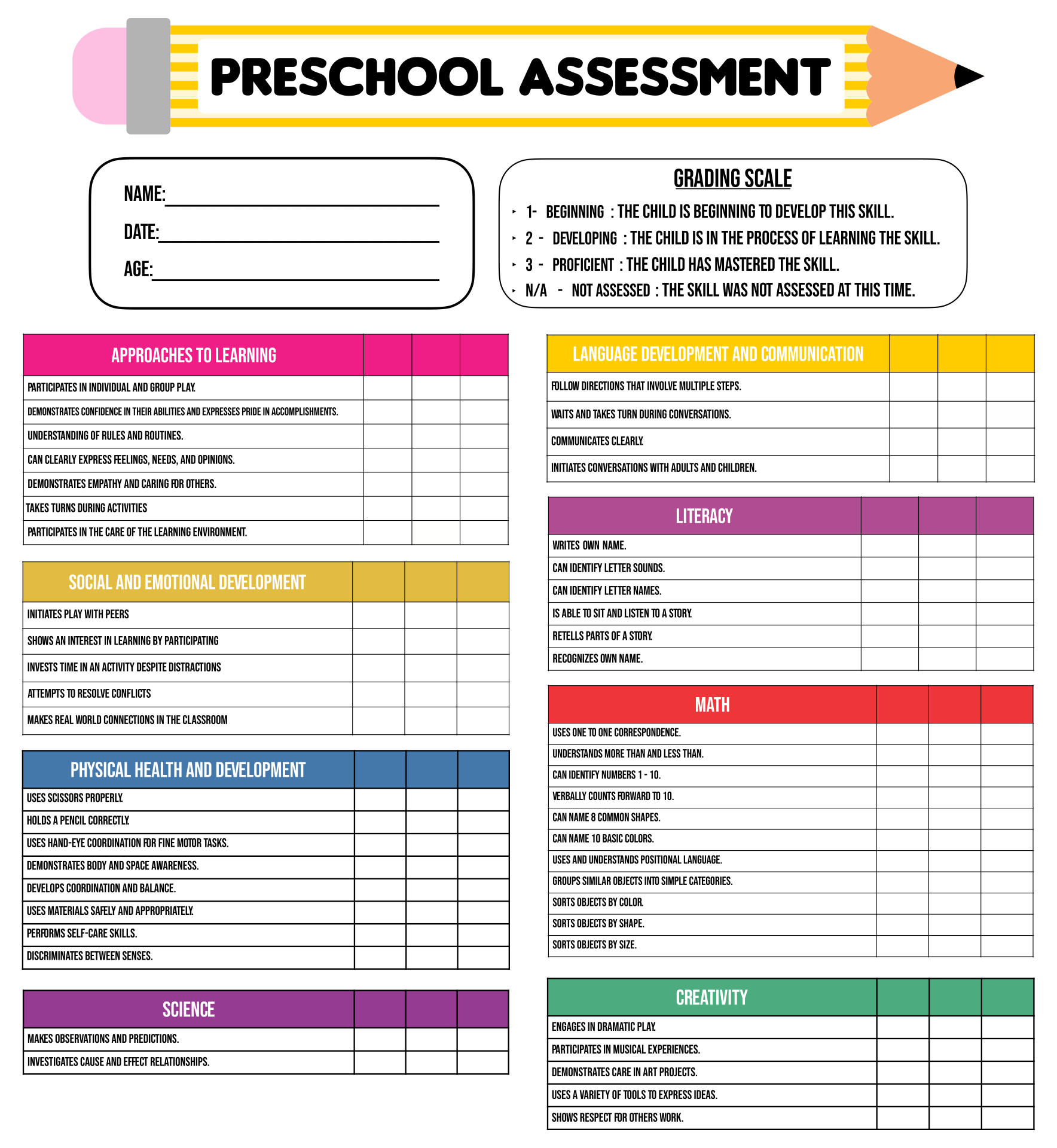 Free Preschool Assessment Printables