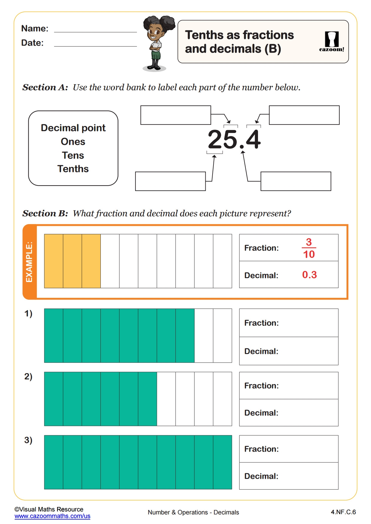 Tenths As Fractions And Decimals A PDF Printable Number And Operations Worksheets Cazoom Math