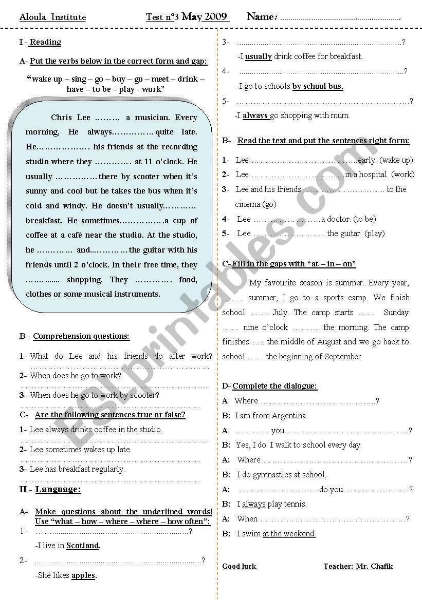 Test Reading Comprehension Grammar Dialogue Completion ESL Worksheet By Chafik Boufrioua Test Reading Comprehension Grammar Dialogue Completion ESL Worksheet By Chafik Boufrioua