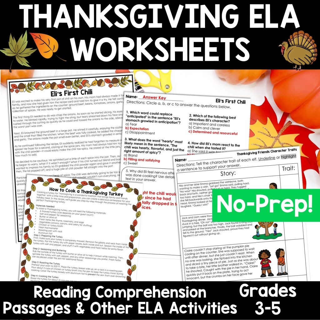 Thanksgiving ELA Worksheets Reading Comprehension Writing Prompts Grammar Worksheets No Prep Thrifty In Third Grade