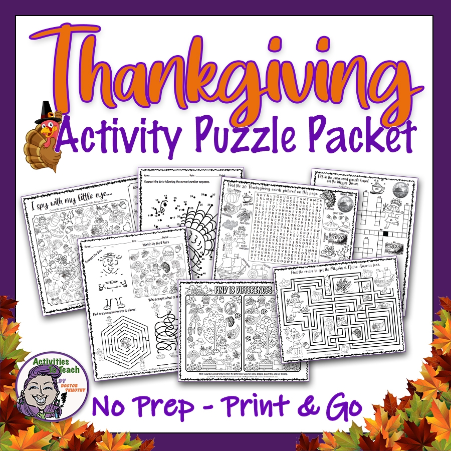 Thanksgiving Fun Activity Puzzle Worksearch Crossword Maze Worksheet Packet Classful