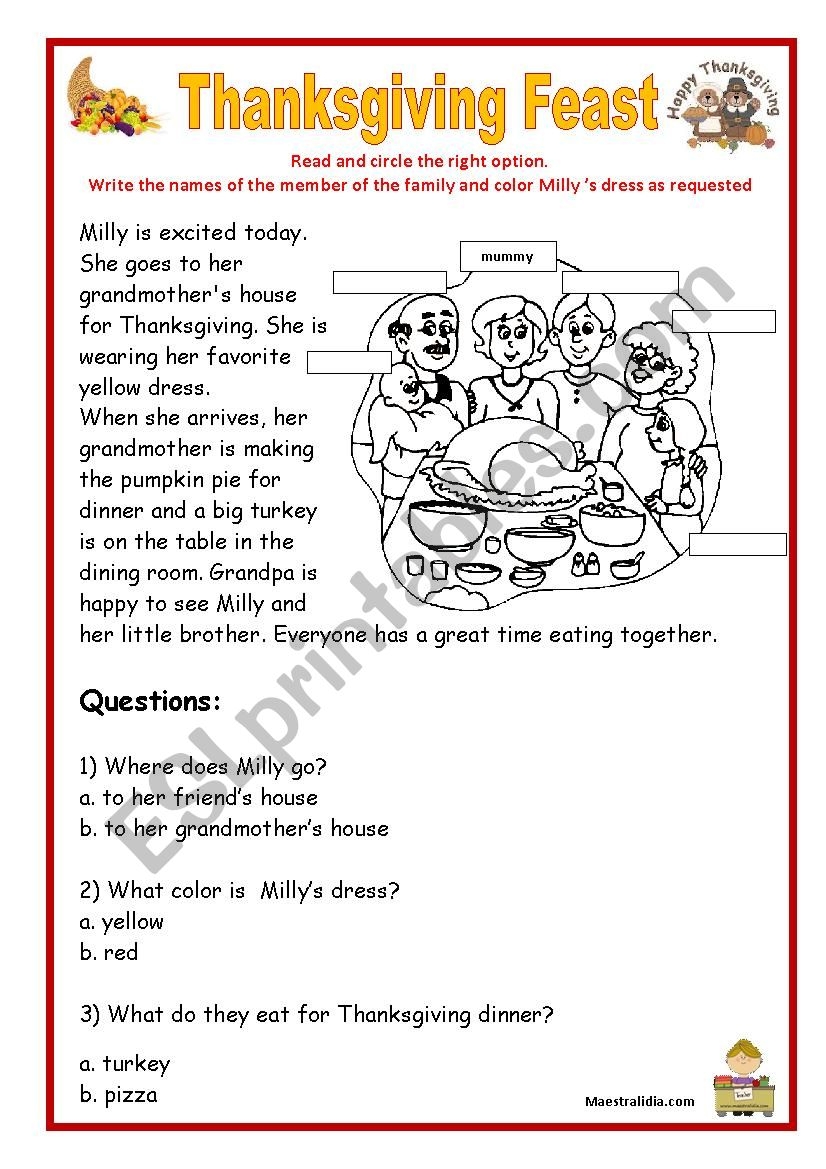 Reading Comprehension Worksheets On Thanksgiving Reading Comprehension Worksheets On Thanksgiving
