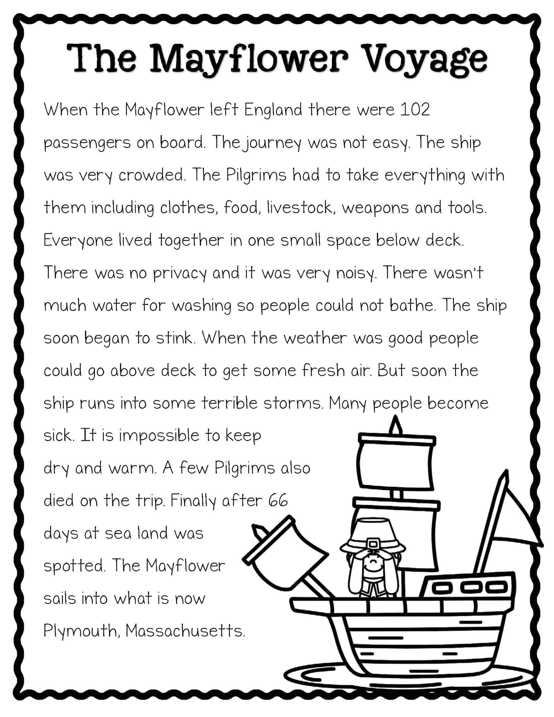 Pilgrims Reading Comprehension Worksheet 2nd Grade