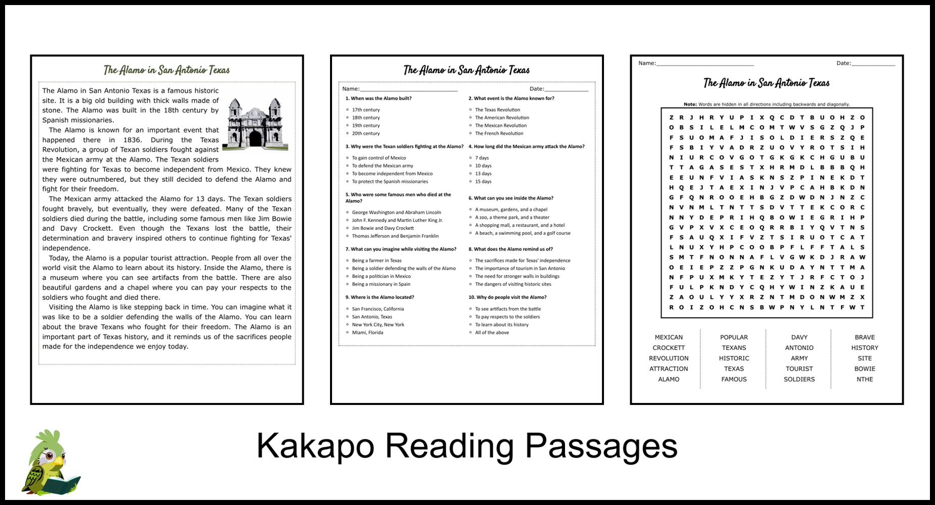 The Alamo In San Antonio Texas Reading Comprehension And Word Search Teaching Resources