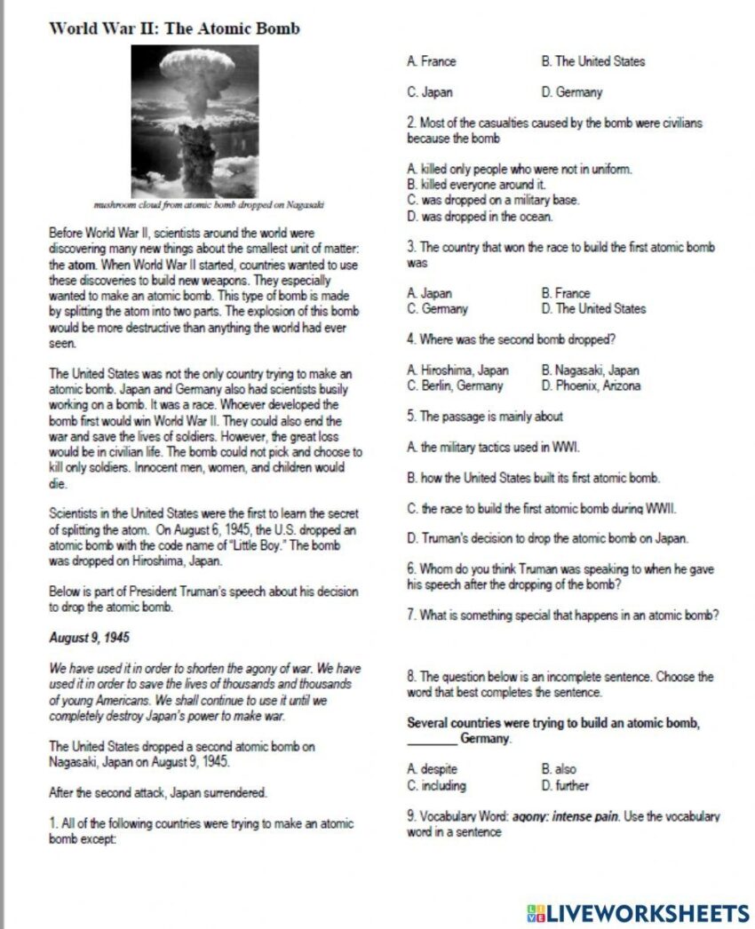 The Atomic Bomb U S History Reading Comprehension Passage And