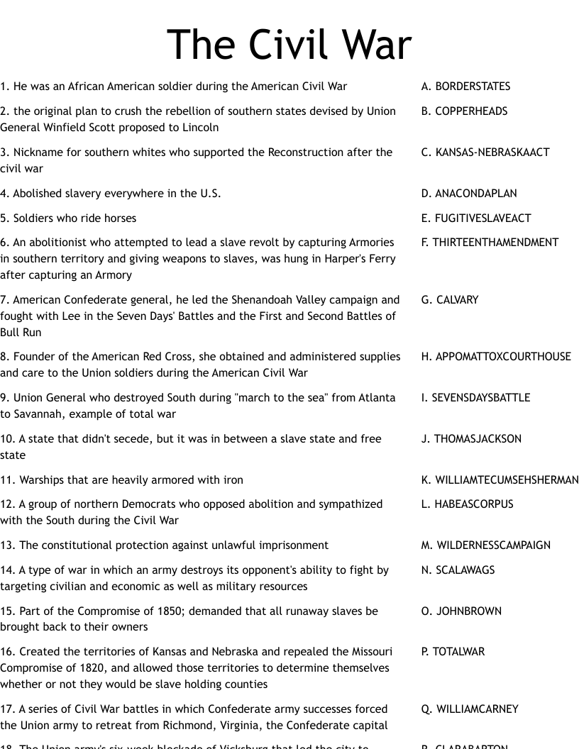 The Civil War Worksheet WordMint The Civil War Worksheet WordMint