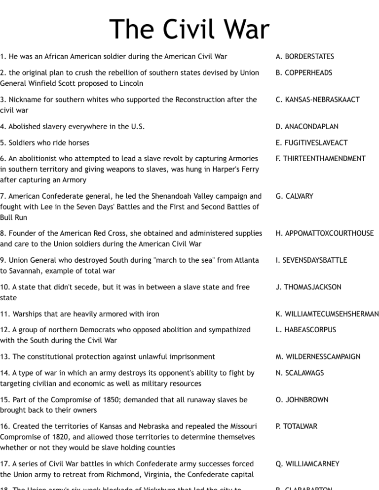 The Civil War Worksheet WordMint