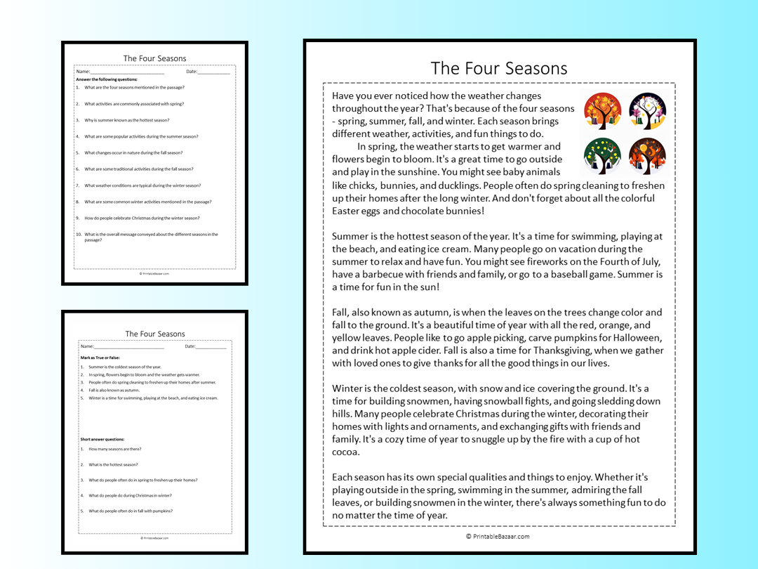 The Four Seasons Reading Comprehension Passage Printable Worksheet The Four Seasons Reading Comprehension Passage Printable Worksheet
