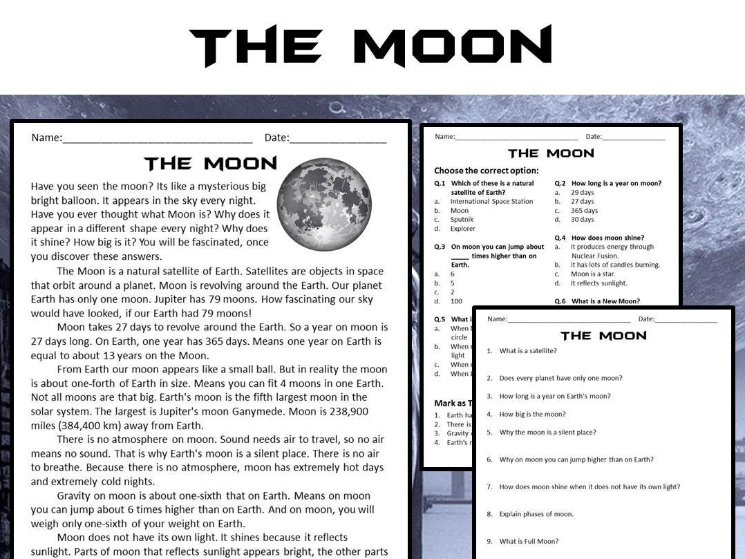 The Moon Reading Comprehension Passage And Questions PDF Teaching Resources