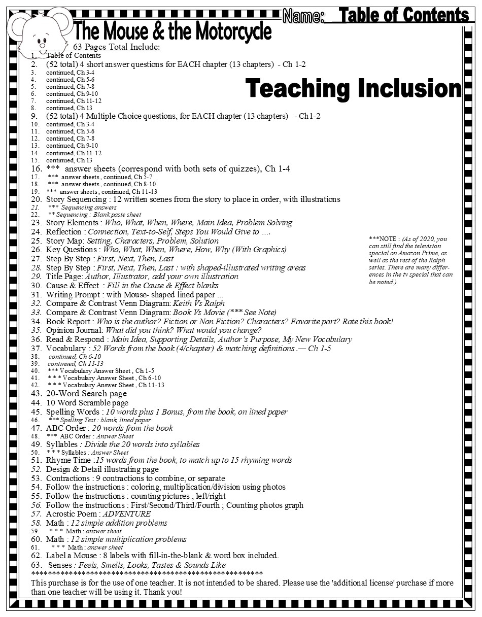 The Mouse And The Motorcycle Novel Study Book Companion Reading Comprehension Worksheets