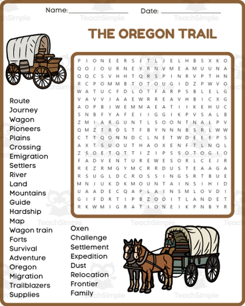 THE OREGON TRAIL Word Search Game Worksheet Activity 4th 5th 6th 7th By Teach Simple