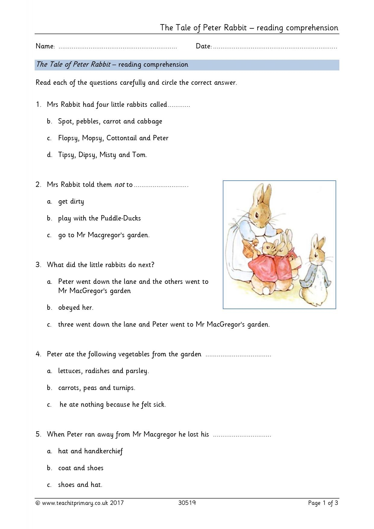 Rabbit Reading Comprehension Worksheet Rabbit Reading Comprehension Worksheet