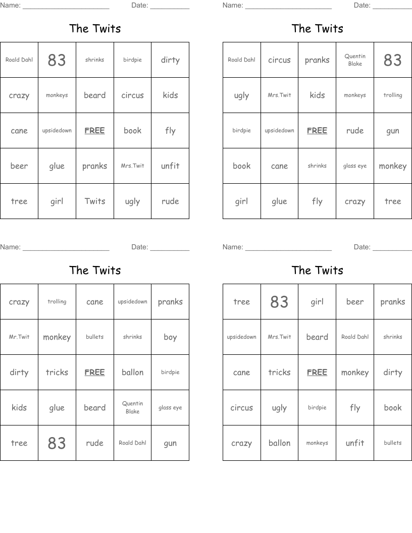 The Twits Bingo Cards WordMint