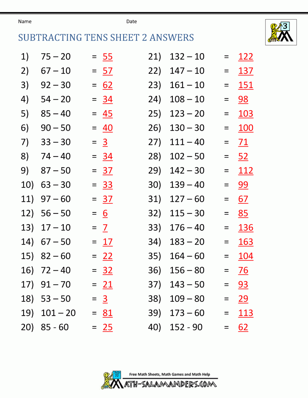 Third Grade Subtraction Worksheets