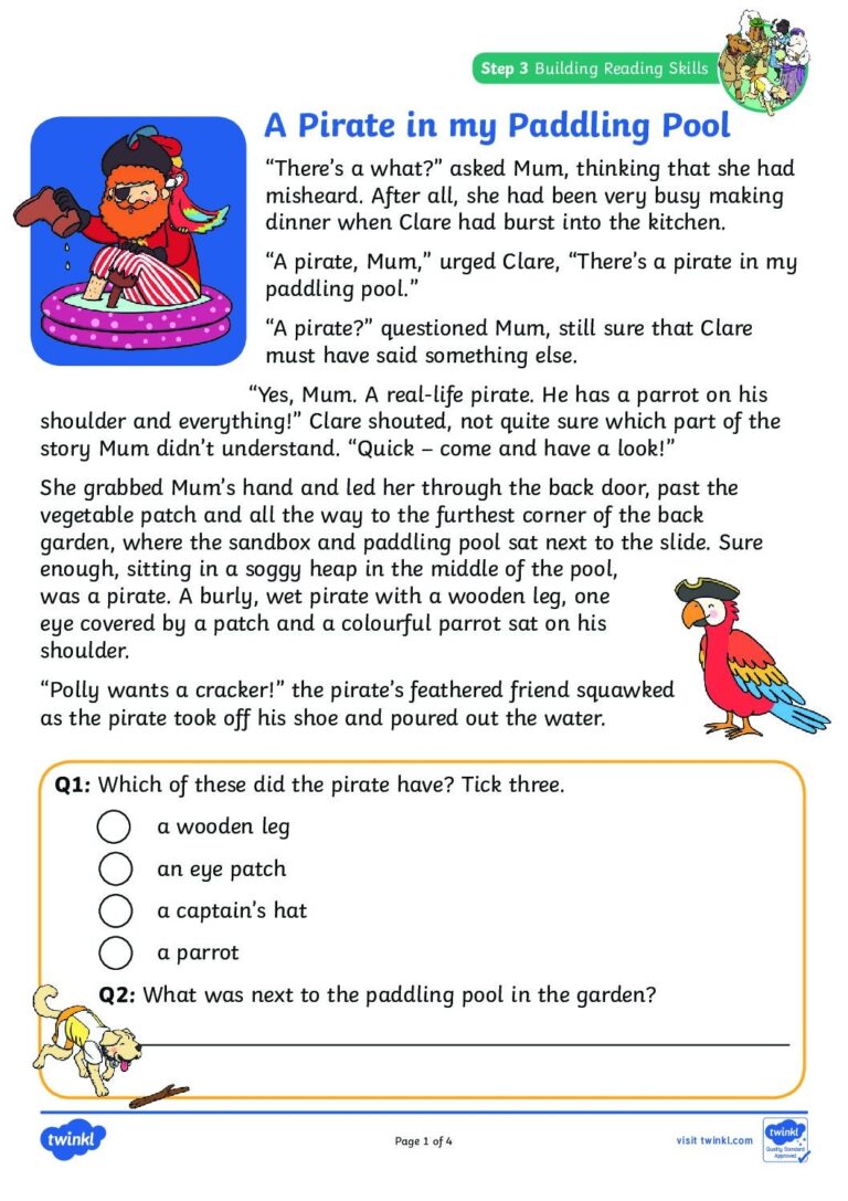 Thursday Reading There s A Pirate In My Paddling Pool Comprehension St Philip Westbrook C Of E Primary School