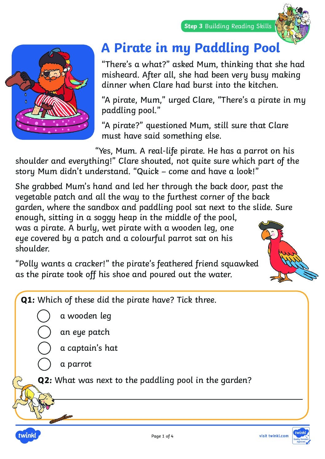 Thursday Reading There s A Pirate In My Paddling Pool Comprehension St Philip Westbrook C Of E Primary School